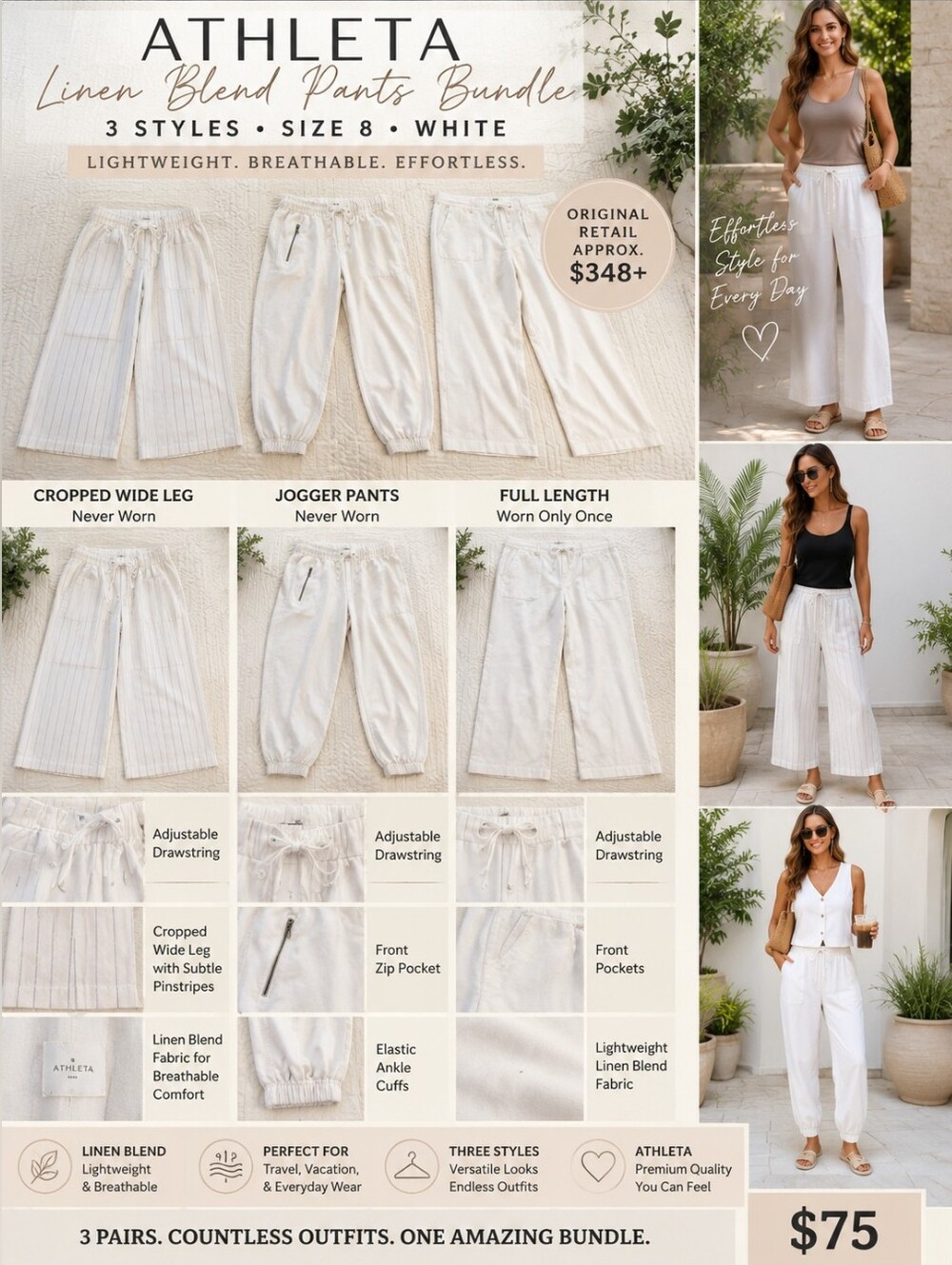 Athleta Size 8 Linen Blend Pants Bundle | 3 Pairs White Wide Leg, Crop & Jogger